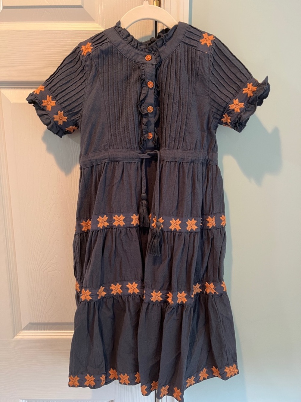 Girls Navy Dress with Orange Star Embroidery